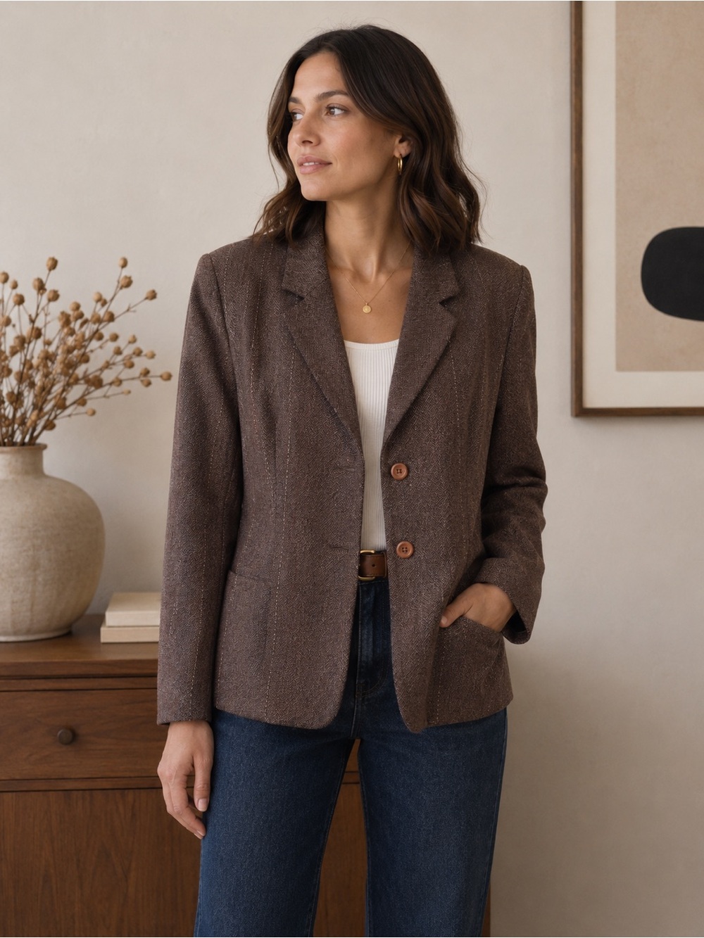 SC Collection Vintage Brown Stretch Blazer Size 8 90s Minimalist Jacket Canada